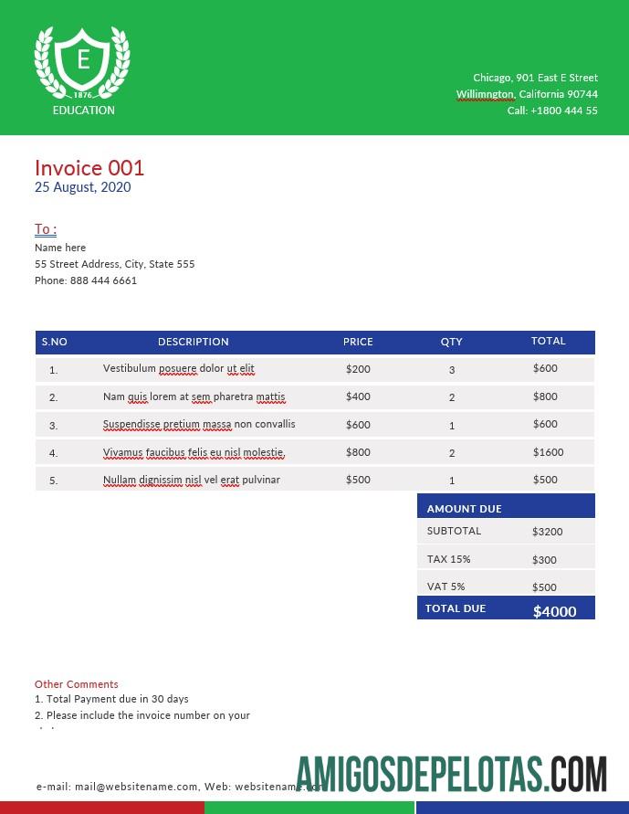 em branco Modelo de fatura educacional A4